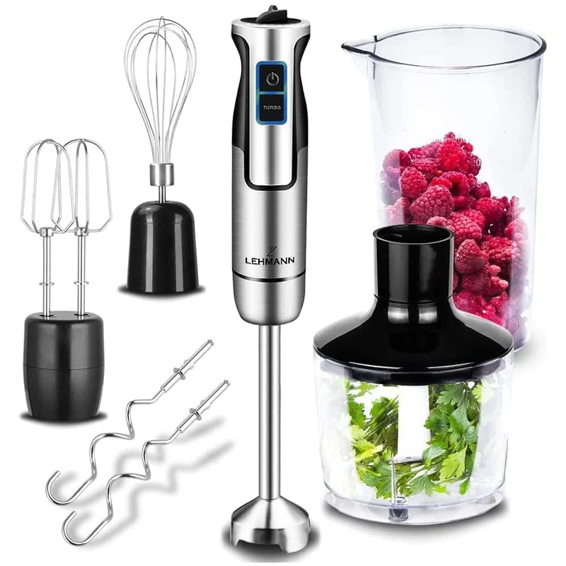 LEHMANN Chowmei Frullatore a Immersione 1200 W, Set 5-in-1 con Frusta, Sbattitore, Tritatutto 600 ml, Misurino 860 ml, Regolazione Velocità a 8 Livelli, Funzione Turbo, Senza BPA, Argento