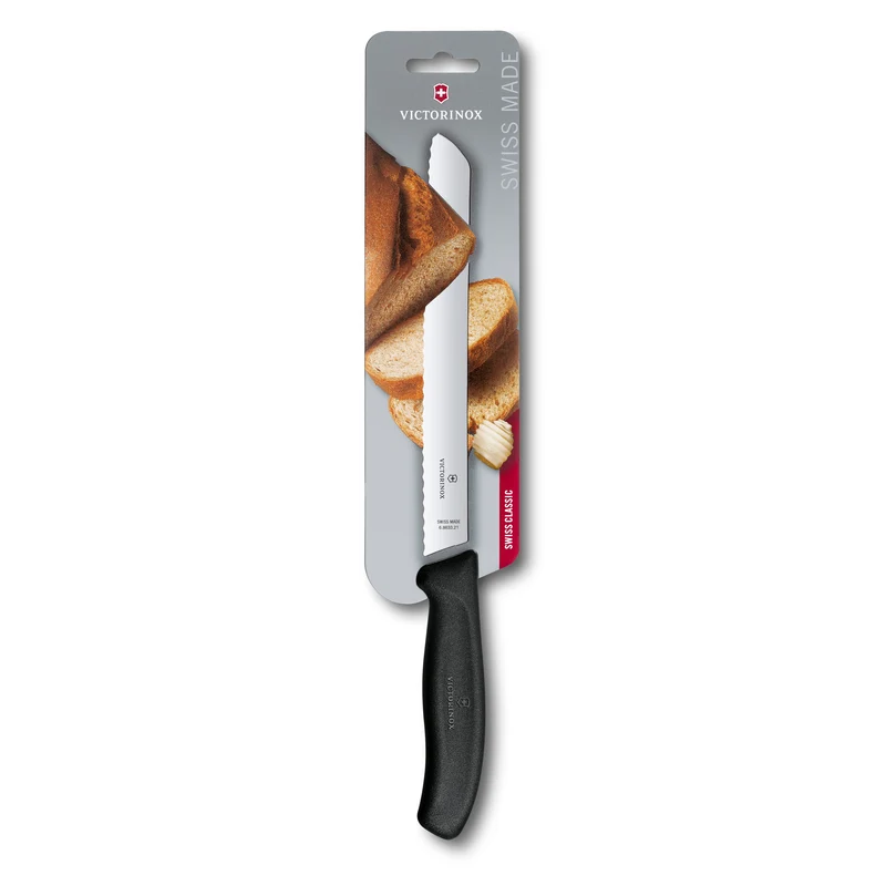 Coltello pane ondulato manico nero blister - Swiss Classic