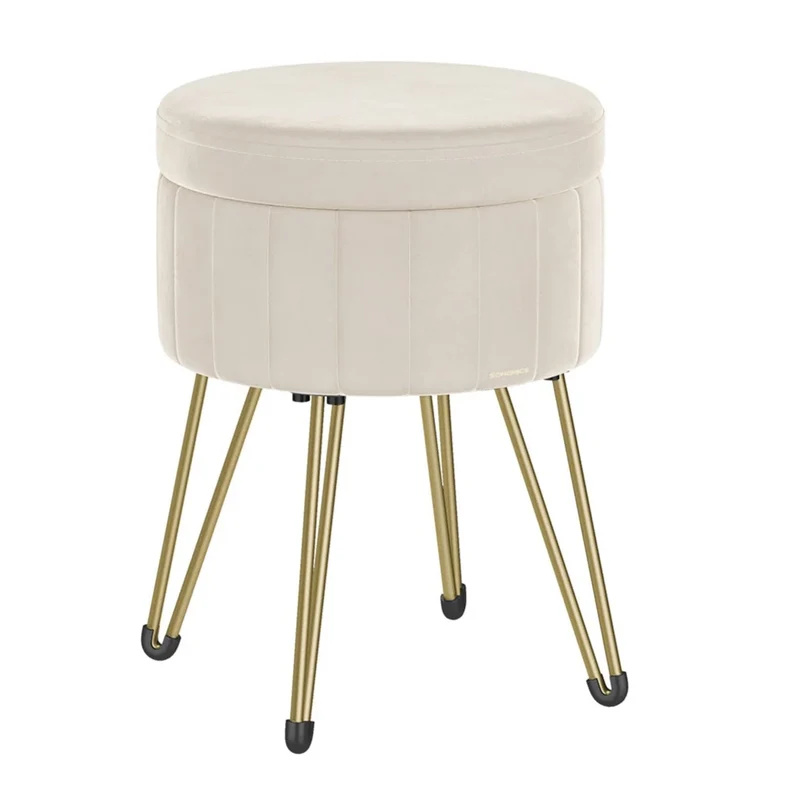 Sgabello rotondo in velluto con spazio portaoggetti 39 cm di diametro 444 cm di altezza 4 gambe in metallo per cabina armadio soggiorno camera da letto bianco 12_0006167
