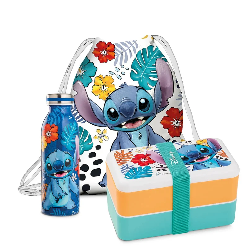 Egan Set Lunch Box con Bottiglia Termina e Sacca Stitch Blu