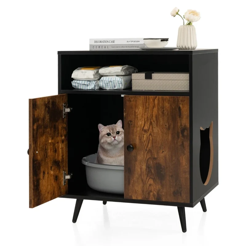 Lettiera per gatti 60 x 45 x 75 cm doppia porta con pratico contenitore design moderno in MDF nero naturale 20_0019271
