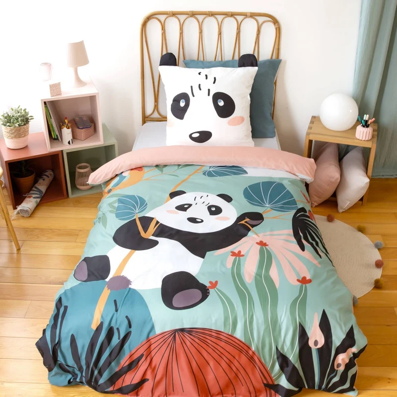 Set biancheria da letto in microfibra reversibile con stampa di panda,
