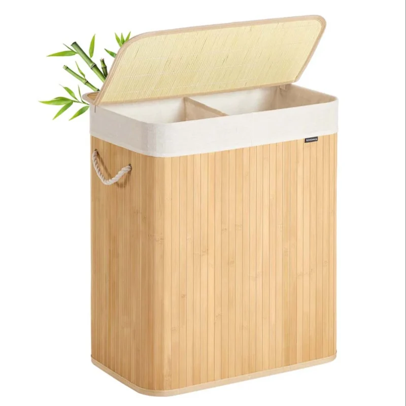 Cesto portabiancheria in bambù 100 litri pieghevole 2 scomparti con sacco estraibile e lavabile beige 12_0006710